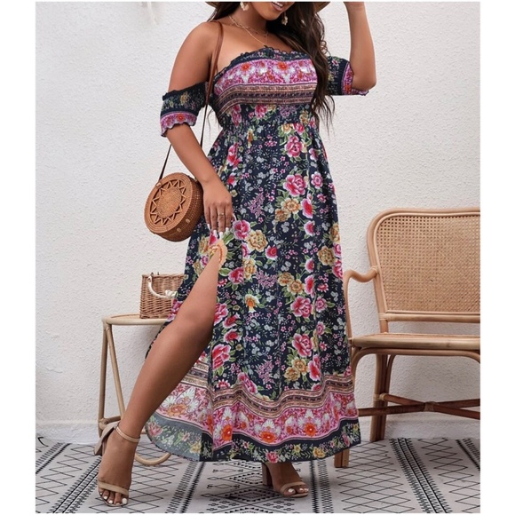 Boho Plus Floral Print Off Shoulder Maxi Dress - Picture 7 of 8